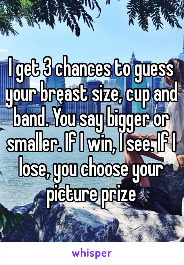 I get 3 chances to guess your bręast size, cup and band. You say bigger or smaller. If I win, I see. If I lose, you choose your picture prize