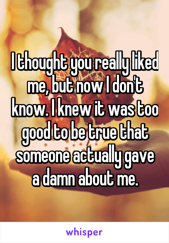 I thought you really liked me, but now I don't know. I knew it was too good to be true that someone actually gave a damn about me.