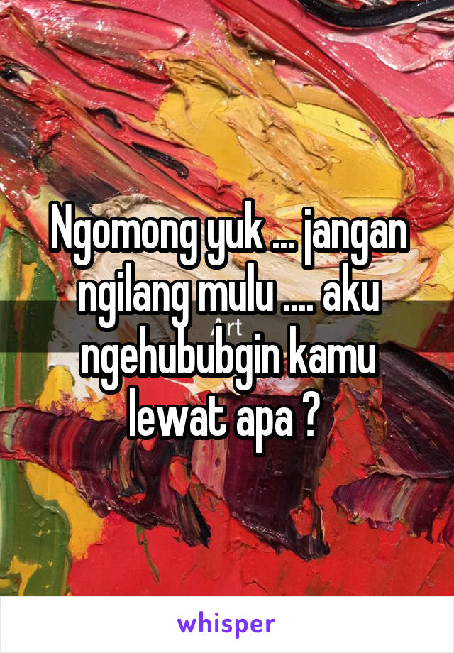 Ngomong yuk ... jangan ngilang mulu .... aku ngehububgin kamu lewat apa ? 