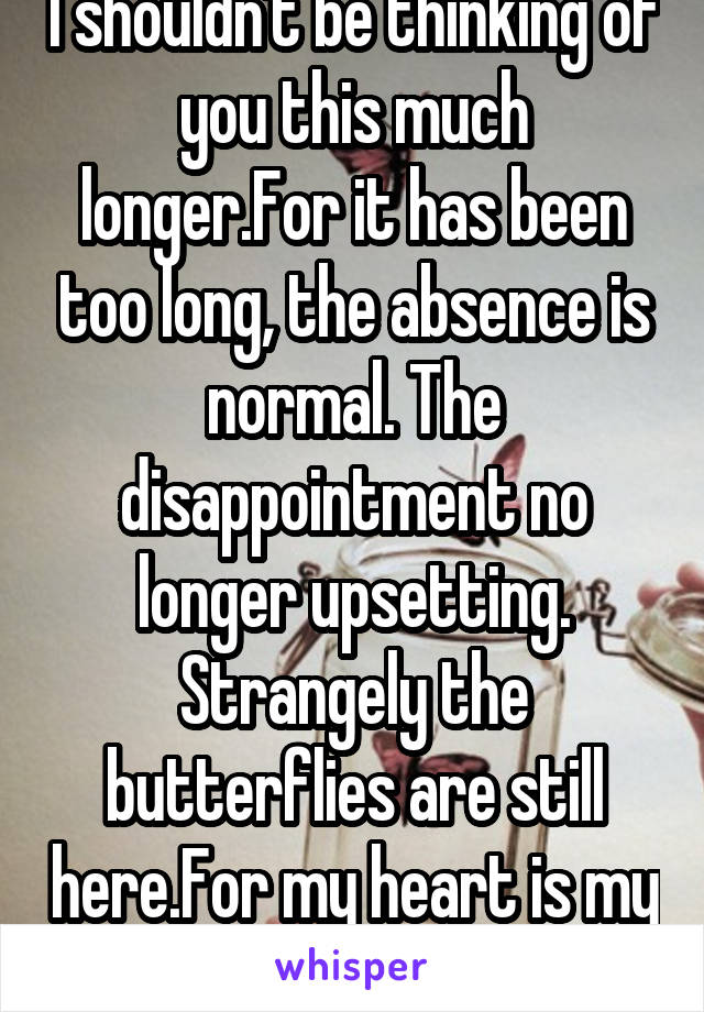 I shouldn't be thinking of you this much longer.For it has been too long, the absence is normal. The disappointment no longer upsetting. Strangely the butterflies are still here.For my heart is my own