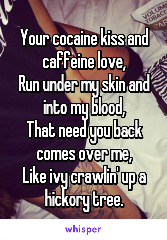 Your cocaine kiss and caffeine love,
Run under my skin and into my blood,
That need you back comes over me,
Like ivy crawlin' up a hickory tree.