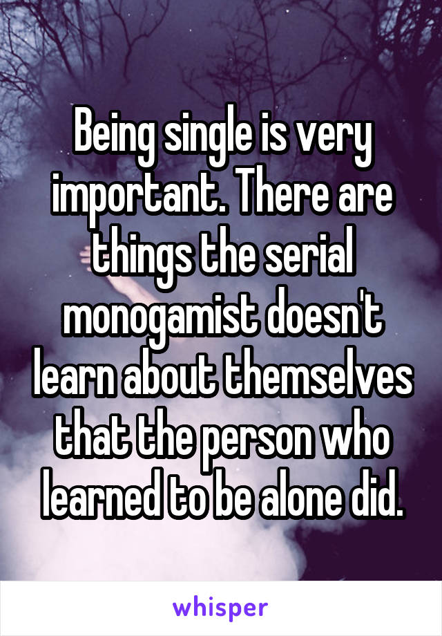 Being single is very important. There are things the serial monogamist doesn't learn about themselves that the person who learned to be alone did.