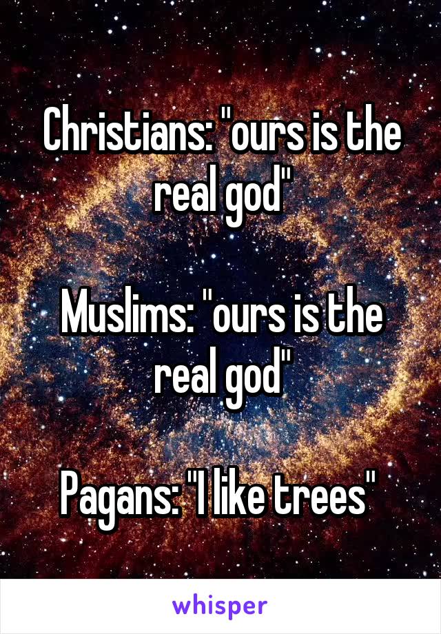 Christians: "ours is the real god"

Muslims: "ours is the real god"

Pagans: "I like trees" 