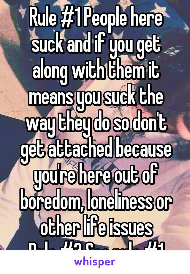 Rule #1 People here suck and if you get along with them it means you suck the way they do so don't get attached because you're here out of boredom, loneliness or other life issues
Rule #2 See rule #1