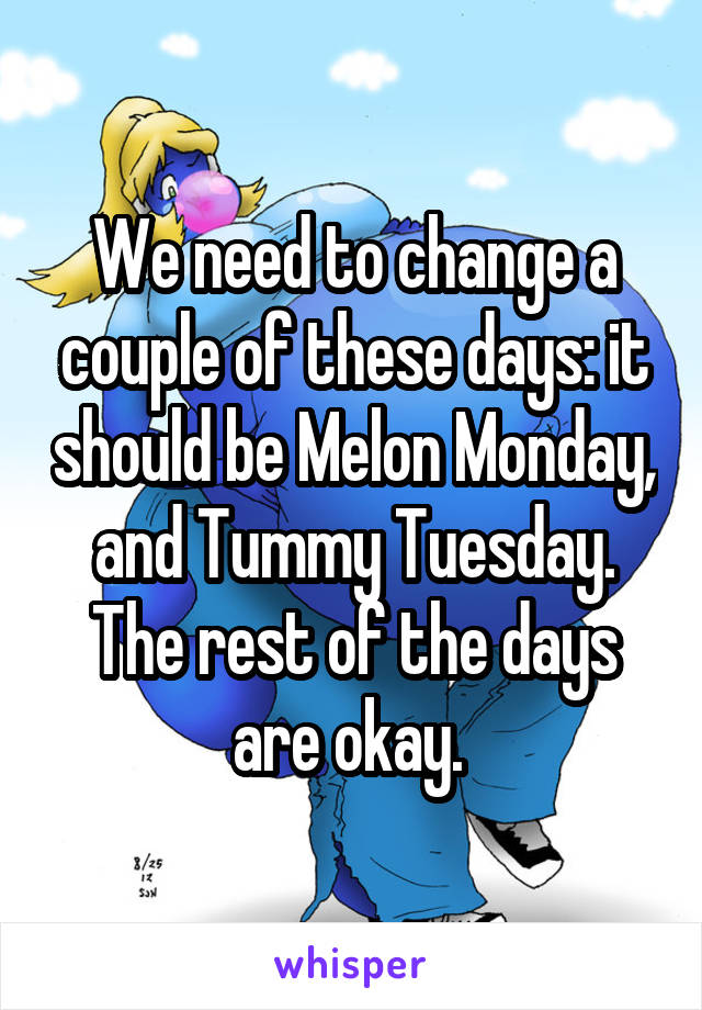 We need to change a couple of these days: it should be Melon Monday, and Tummy Tuesday. The rest of the days are okay. 