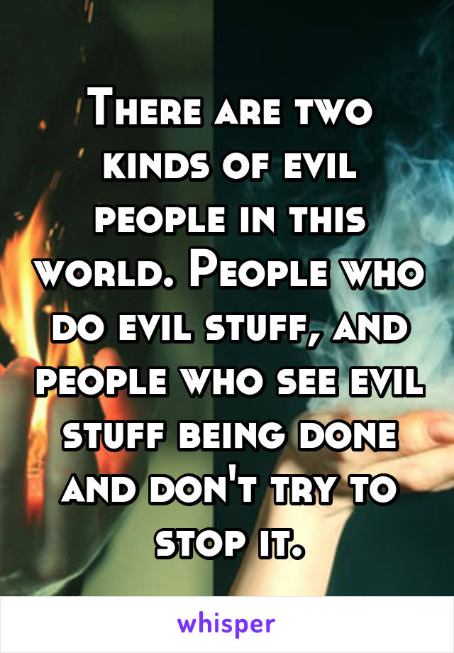 There are two kinds of evil people in this world. People who do evil stuff, and people who see evil stuff being done and don't try to stop it.