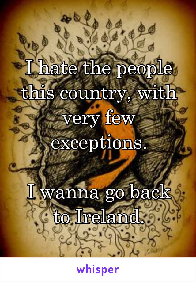 I hate the people this country, with very few exceptions.

I wanna go back to Ireland.