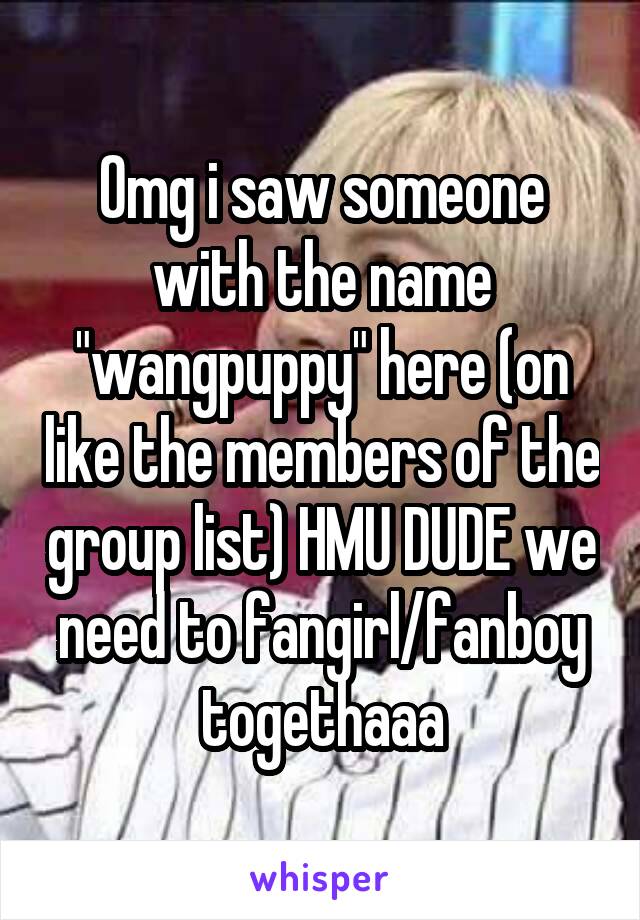 Omg i saw someone with the name "wangpuppy" here (on like the members of the group list) HMU DUDE we need to fangirl/fanboy togethaaa