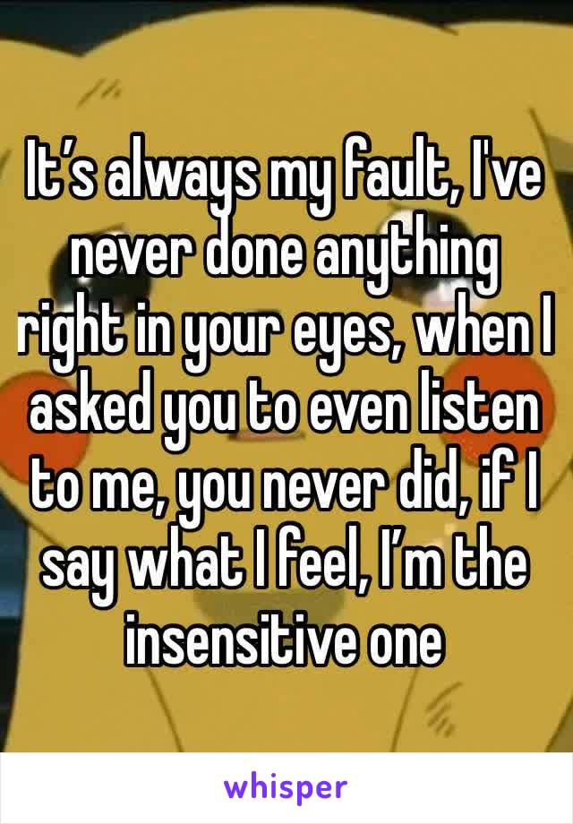 It’s always my fault, I've never done anything right in your eyes, when I asked you to even listen to me, you never did, if I say what I feel, I’m the insensitive one