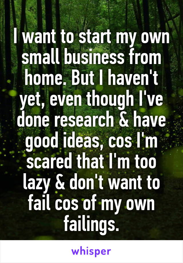 I want to start my own small business from home. But I haven't yet, even though I've done research & have good ideas, cos I'm scared that I'm too lazy & don't want to fail cos of my own failings.