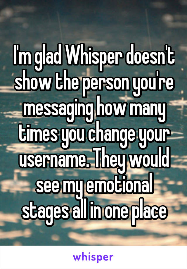 I'm glad Whisper doesn't show the person you're messaging how many times you change your username. They would see my emotional stages all in one place