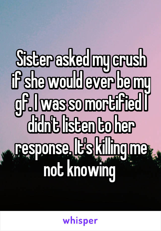 Sister asked my crush if she would ever be my gf. I was so mortified I didn't listen to her response. It's killing me not knowing 