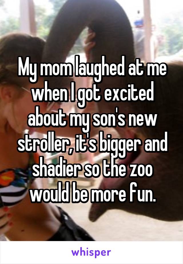 My mom laughed at me when I got excited about my son's new stroller, it's bigger and shadier so the zoo would be more fun.