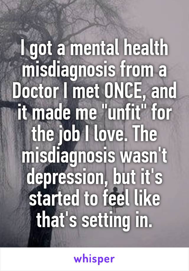 I got a mental health misdiagnosis from a Doctor I met ONCE, and it made me "unfit" for the job I love. The misdiagnosis wasn't depression, but it's started to feel like that's setting in.