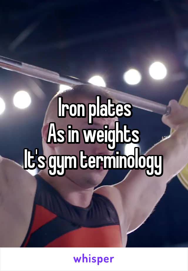 Iron plates
As in weights 
It's gym terminology 