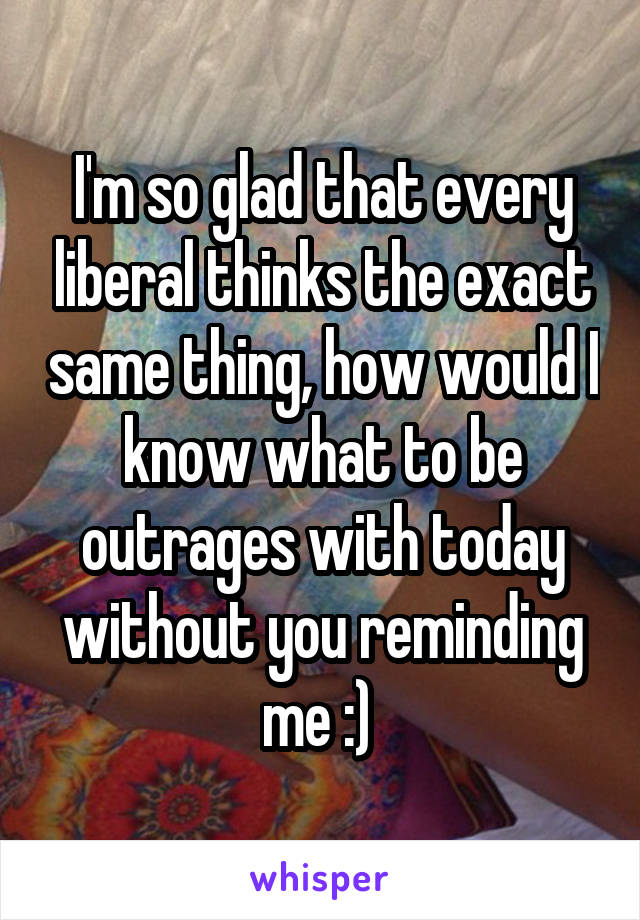 I'm so glad that every liberal thinks the exact same thing, how would I know what to be outrages with today without you reminding me :) 