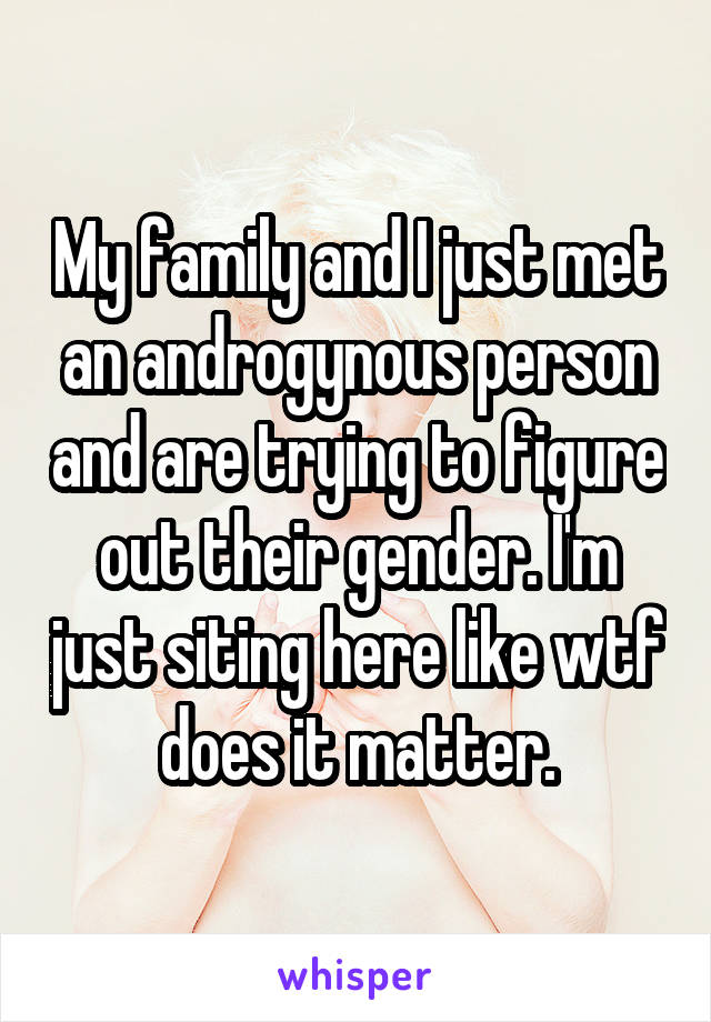 My family and I just met an androgynous person and are trying to figure out their gender. I'm just siting here like wtf does it matter.