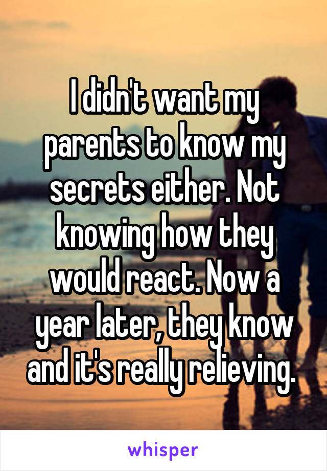 I didn't want my parents to know my secrets either. Not knowing how they would react. Now a year later, they know and it's really relieving. 