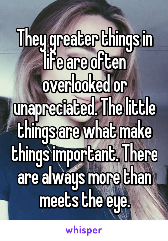 They greater things in life are often overlooked or unapreciated. The little things are what make things important. There are always more than meets the eye.