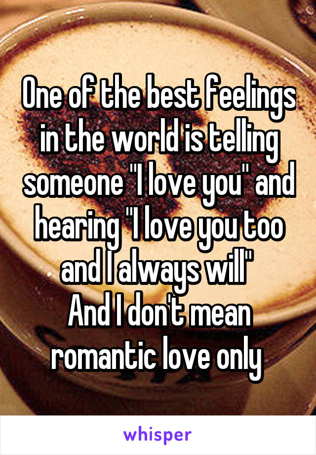 One of the best feelings in the world is telling someone "I love you" and hearing "I love you too and I always will" 
And I don't mean romantic love only 