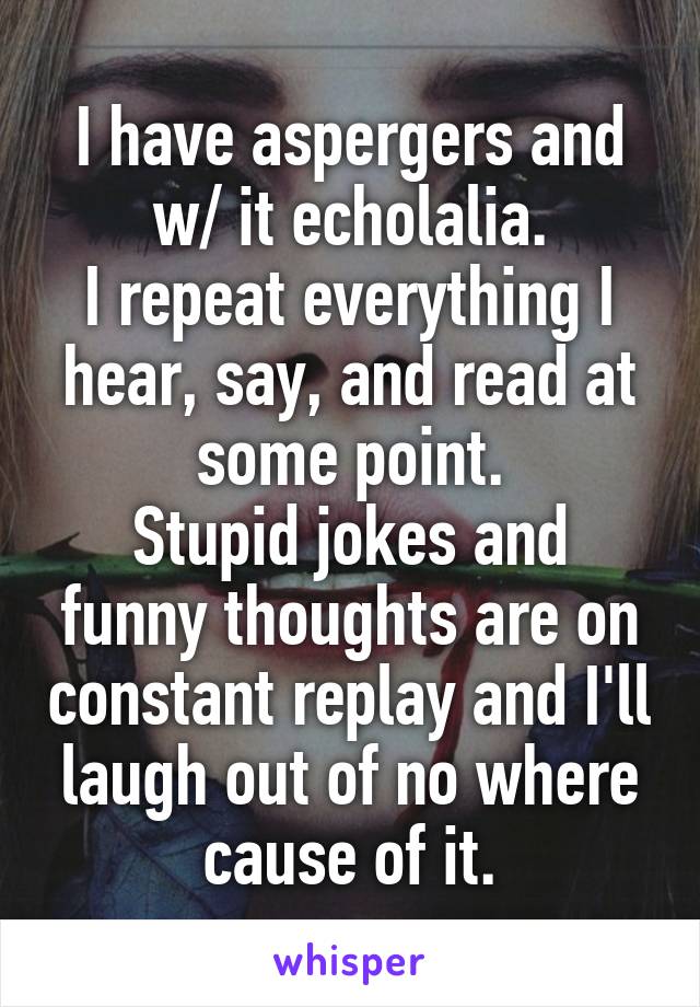 I have aspergers and w/ it echolalia.
I repeat everything I hear, say, and read at some point.
Stupid jokes and funny thoughts are on constant replay and I'll laugh out of no where cause of it.