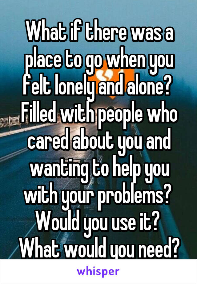 What if there was a place to go when you felt lonely and alone?  Filled with people who cared about you and wanting to help you with your problems?  Would you use it?  What would you need?