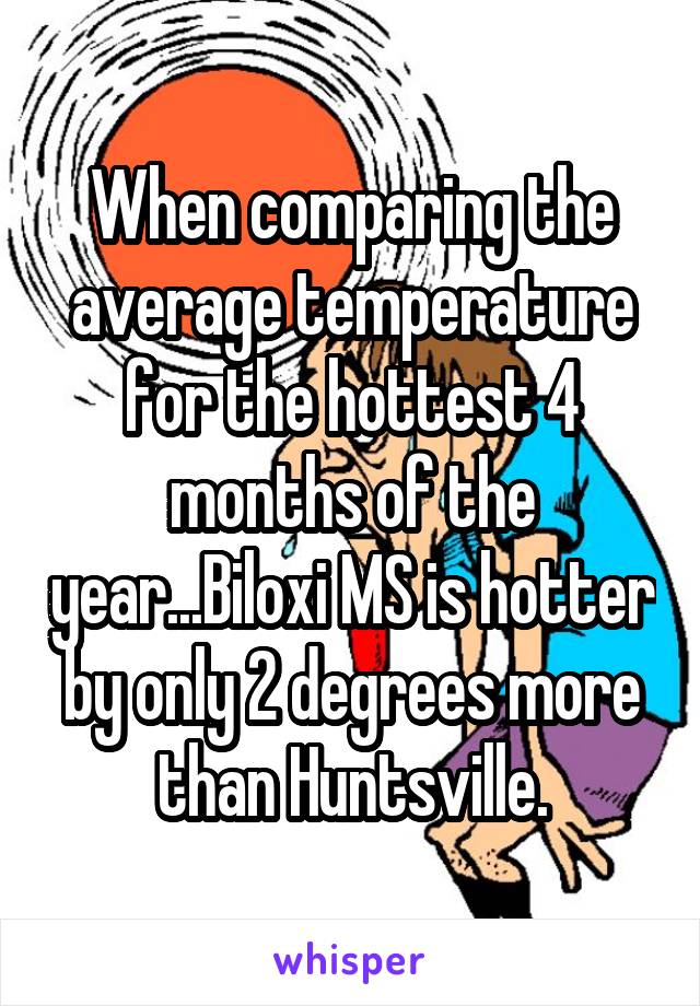 When comparing the average temperature for the hottest 4 months of the year...Biloxi MS is hotter by only 2 degrees more than Huntsville.