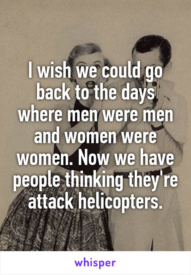 I wish we could go back to the days where men were men and women were women. Now we have people thinking they're attack helicopters.