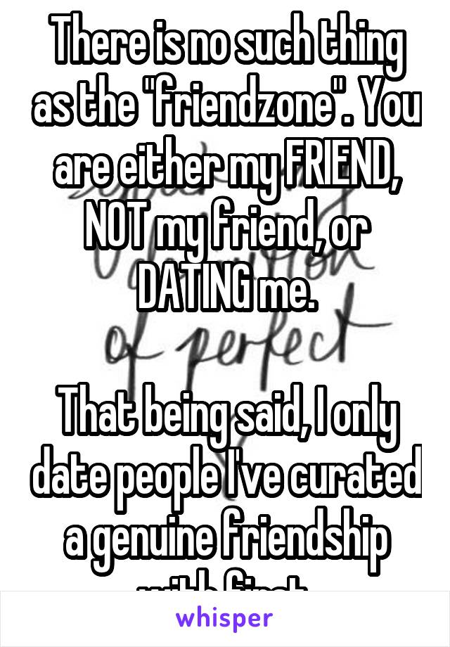 There is no such thing as the "friendzone". You are either my FRIEND, NOT my friend, or DATING me.

That being said, I only date people I've curated a genuine friendship with first.