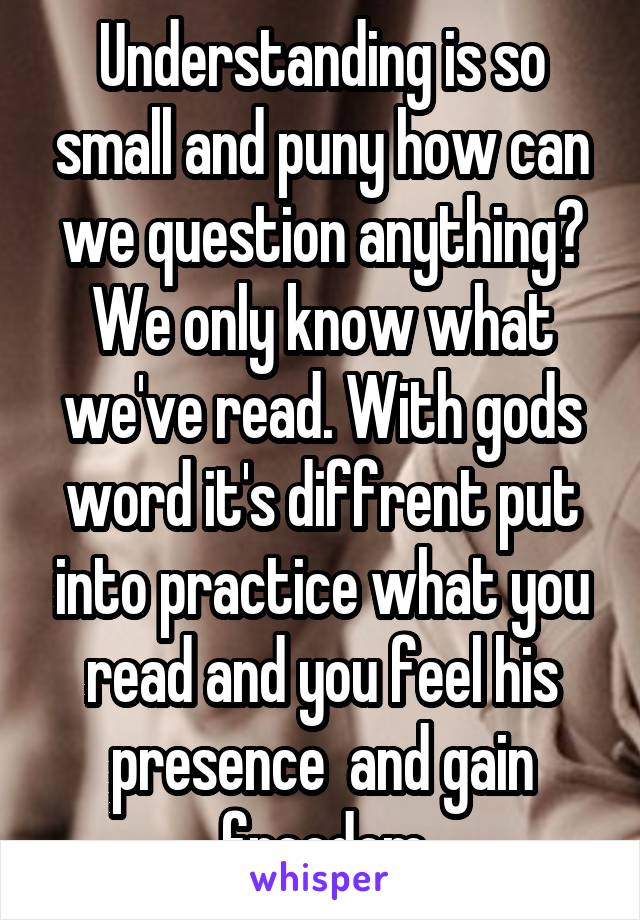 Understanding is so small and puny how can we question anything? We only know what we've read. With gods word it's diffrent put into practice what you read and you feel his presence  and gain freedom