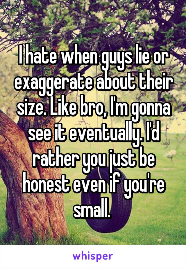 I hate when guys lie or exaggerate about their size. Like bro, I'm gonna see it eventually. I'd rather you just be honest even if you're small. 