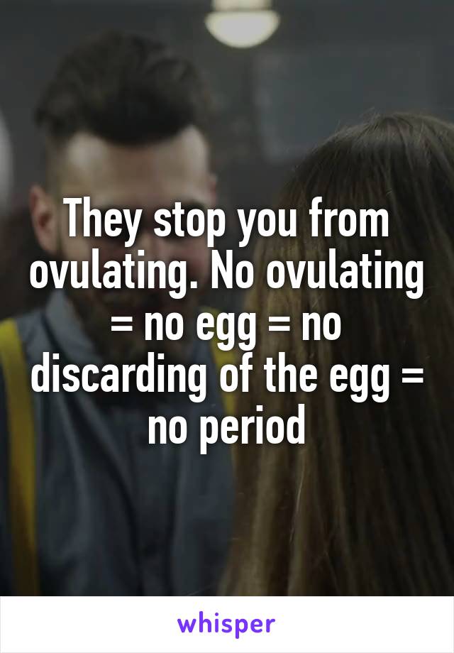 They stop you from ovulating. No ovulating = no egg = no discarding of the egg = no period