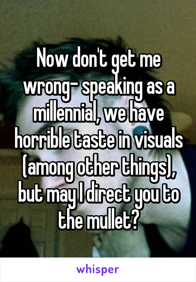 Now don't get me wrong- speaking as a millennial, we have horrible taste in visuals (among other things), but may I direct you to the mullet?