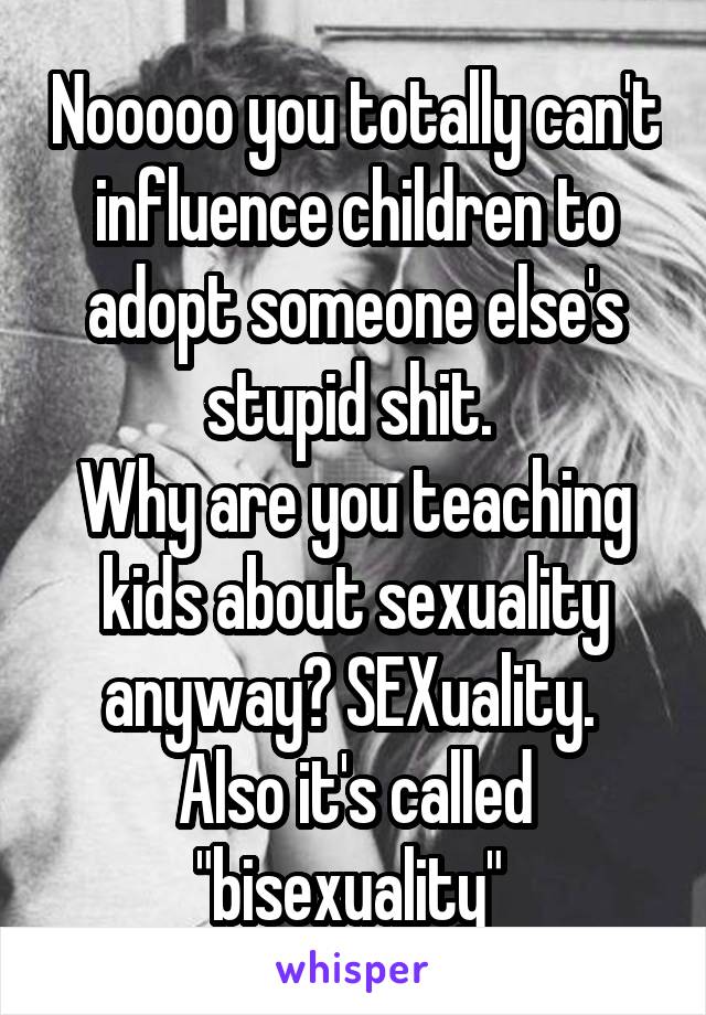 Nooooo you totally can't influence children to adopt someone else's stupid shit. 
Why are you teaching kids about sexuality anyway? SEXuality. 
Also it's called "bisexuality" 