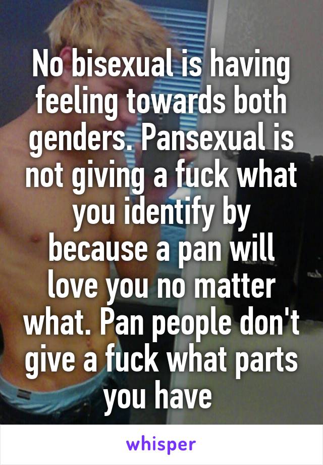 No bisexual is having feeling towards both genders. Pansexual is not giving a fuck what you identify by because a pan will love you no matter what. Pan people don't give a fuck what parts you have 