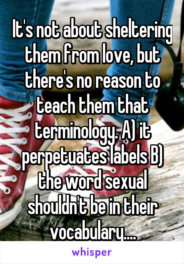 It's not about sheltering them from love, but there's no reason to teach them that terminology. A) it perpetuates labels B) the word sexual shouldn't be in their vocabulary....