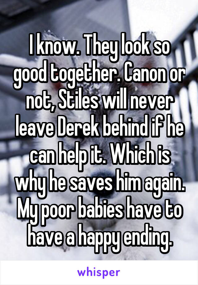 I know. They look so good together. Canon or not, Stiles will never leave Derek behind if he can help it. Which is why he saves him again. My poor babies have to have a happy ending.