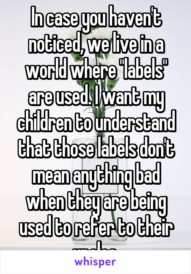 In case you haven't noticed, we live in a world where "labels" are used. I want my children to understand that those labels don't mean anything bad when they are being used to refer to their uncles.