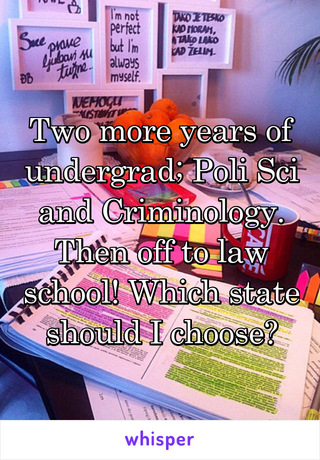 Two more years of undergrad; Poli Sci and Criminology. Then off to law school! Which state should I choose?