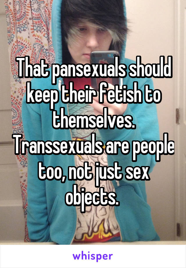 That pansexuals should keep their fetish to themselves. Transsexuals are people too, not just sex objects. 