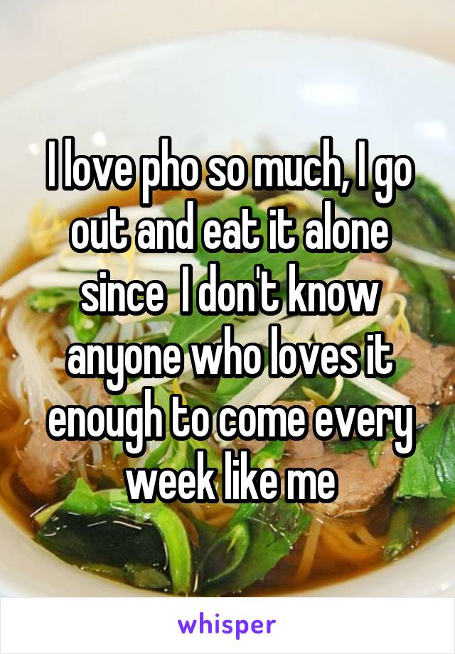 I love pho so much, I go out and eat it alone since  I don't know anyone who loves it enough to come every week like me