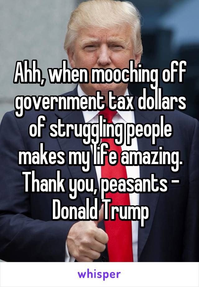 Ahh, when mooching off government tax dollars of struggling people makes my life amazing. Thank you, peasants - Donald Trump