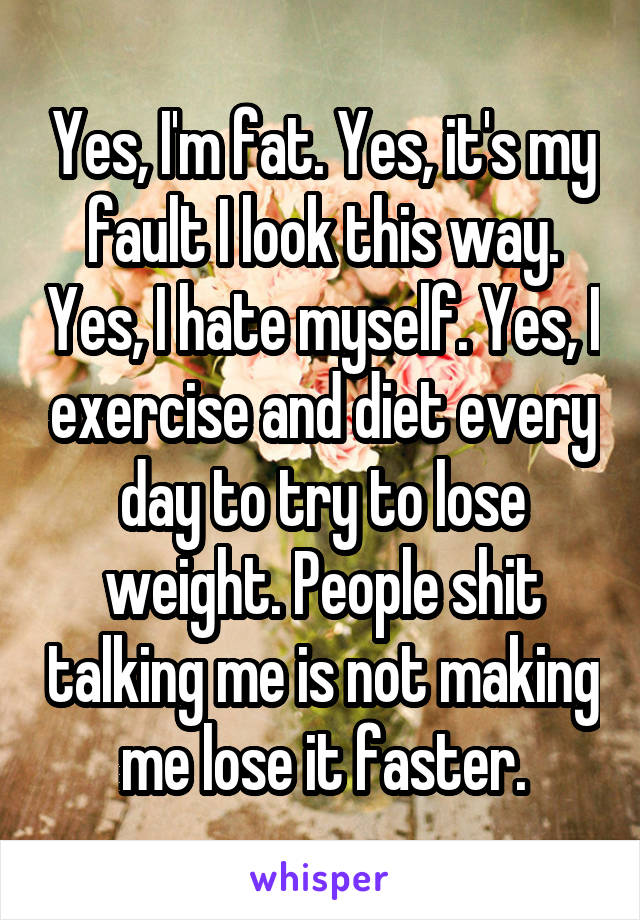 Yes, I'm fat. Yes, it's my fault I look this way. Yes, I hate myself. Yes, I exercise and diet every day to try to lose weight. People shit talking me is not making me lose it faster.
