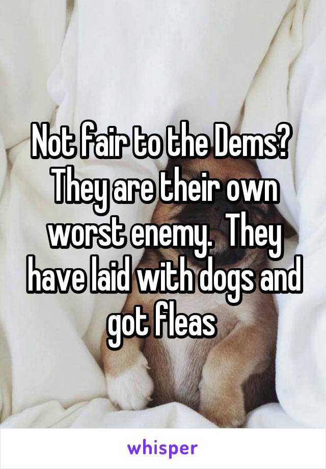 Not fair to the Dems?  They are their own worst enemy.  They have laid with dogs and got fleas 