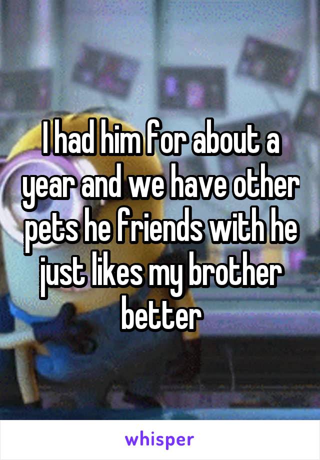 I had him for about a year and we have other pets he friends with he just likes my brother better