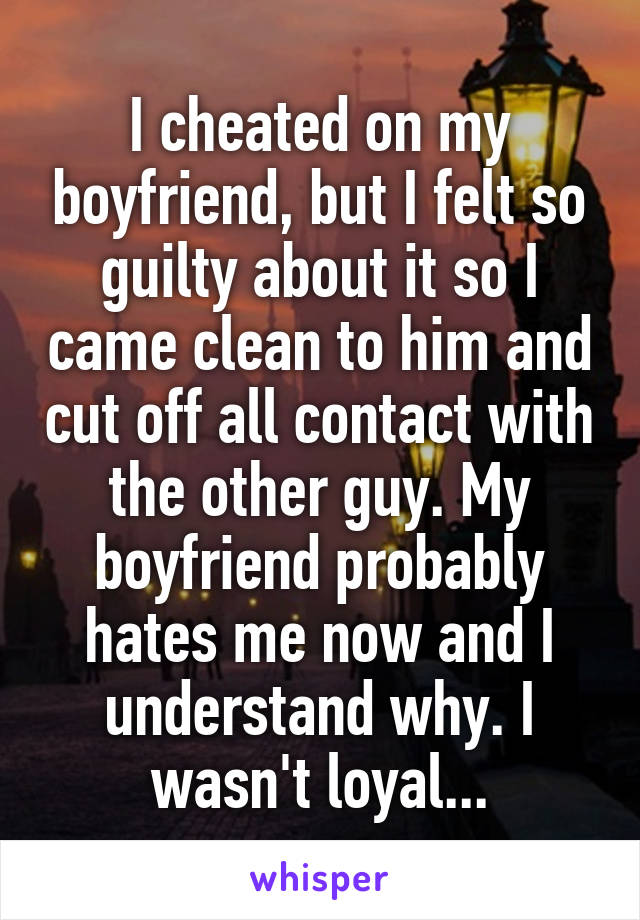 I cheated on my boyfriend, but I felt so guilty about it so I came clean to him and cut off all contact with the other guy. My boyfriend probably hates me now and I understand why. I wasn't loyal...