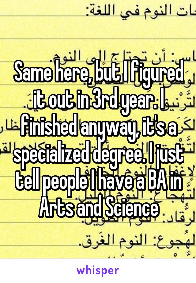 Same here, but I figured it out in 3rd year. I finished anyway, it's a specialized degree. I just tell people I have a BA in Arts and Science