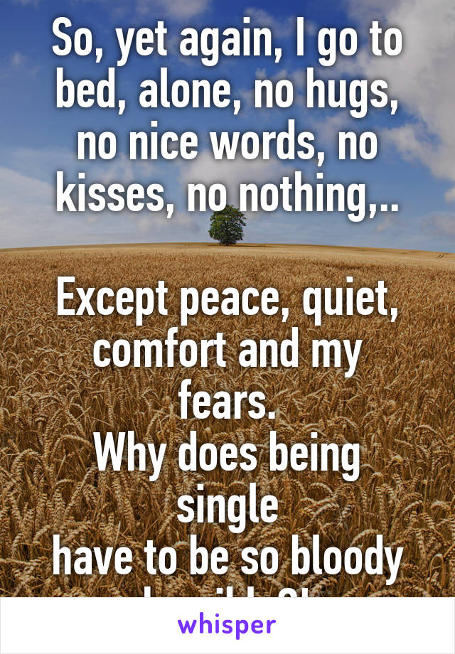 So, yet again, I go to
bed, alone, no hugs, no nice words, no kisses, no nothing,..

Except peace, quiet,
comfort and my fears.
Why does being single
have to be so bloody
horrible?!