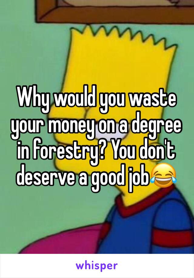 Why would you waste your money on a degree in forestry? You don't deserve a good job😂