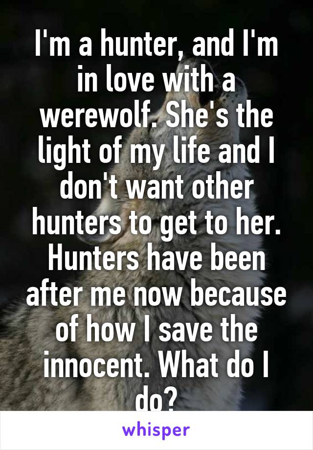 I'm a hunter, and I'm in love with a werewolf. She's the light of my life and I don't want other hunters to get to her. Hunters have been after me now because of how I save the innocent. What do I do?